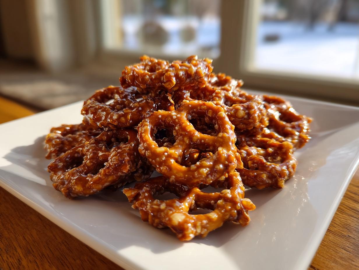 A close-up of a pile of shiny, glazed toffee pretzels stacked on a white rectangular plate.