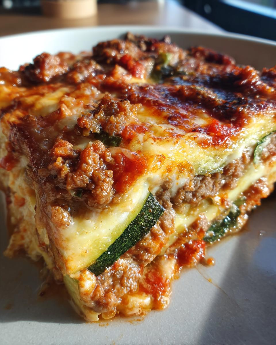 A close-up view of a hearty slice of amazing zucchini lasagna showing layers of meat sauce, cheese, and zucchini noodles.