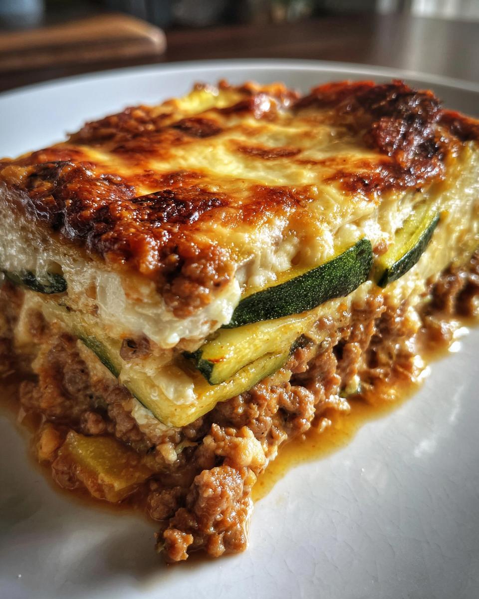 Close-up of a hearty slice of zucchini lasagna showing layers of meat sauce, zucchini slices, and a bubbly, browned cheese topping.