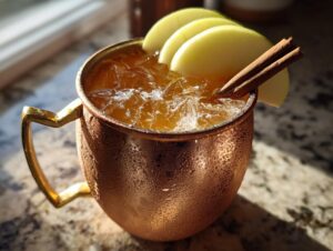 A close-up of a frosty apple cider moscow mule in a copper mug, garnished with apple slices and a cinnamon stick.