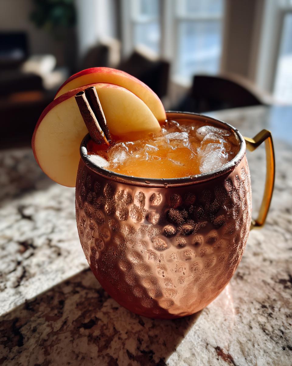 A chilled apple cider moscow mule garnished with apple slices and a cinnamon stick in a hammered copper mug.