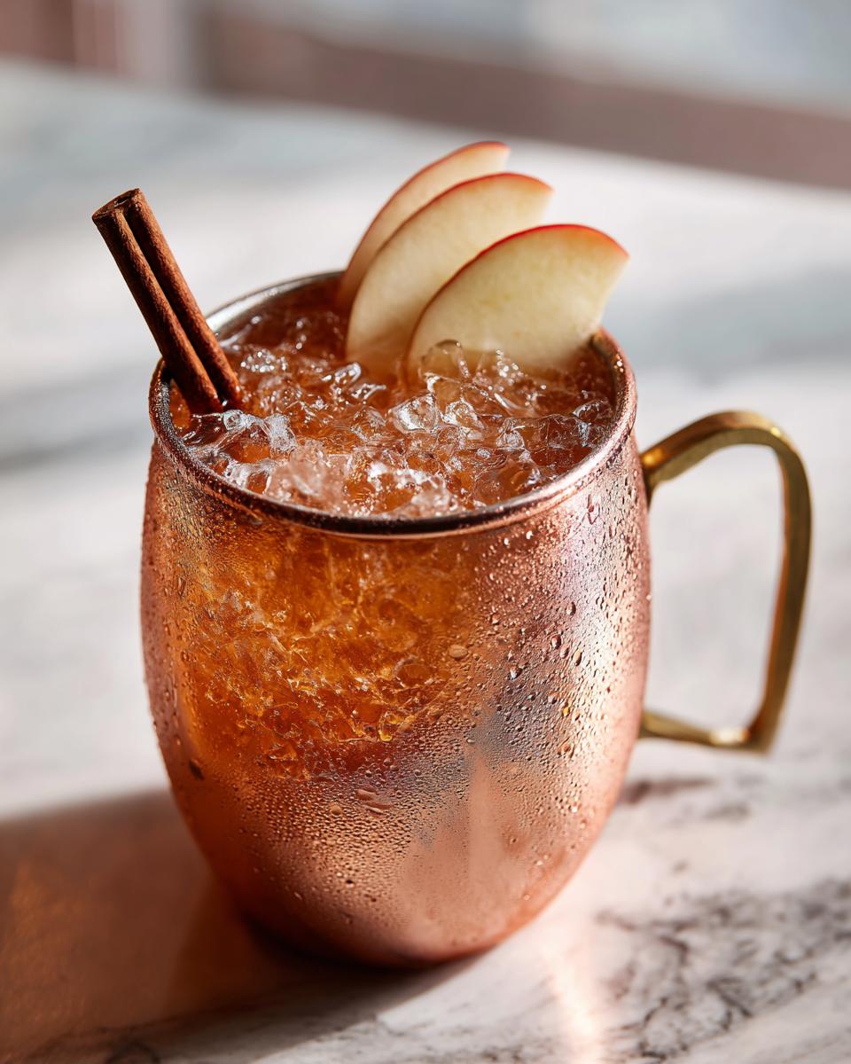 A frosty copper mug filled with an apple cider moscow mule, garnished with apple slices and a cinnamon stick.
