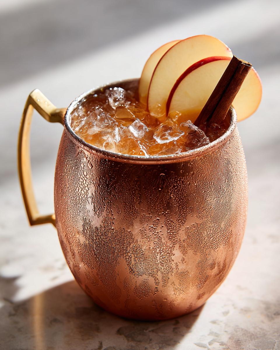 Close-up of a frosty copper mug filled with an apple cider moscow mule, garnished with apple slices and a cinnamon stick.