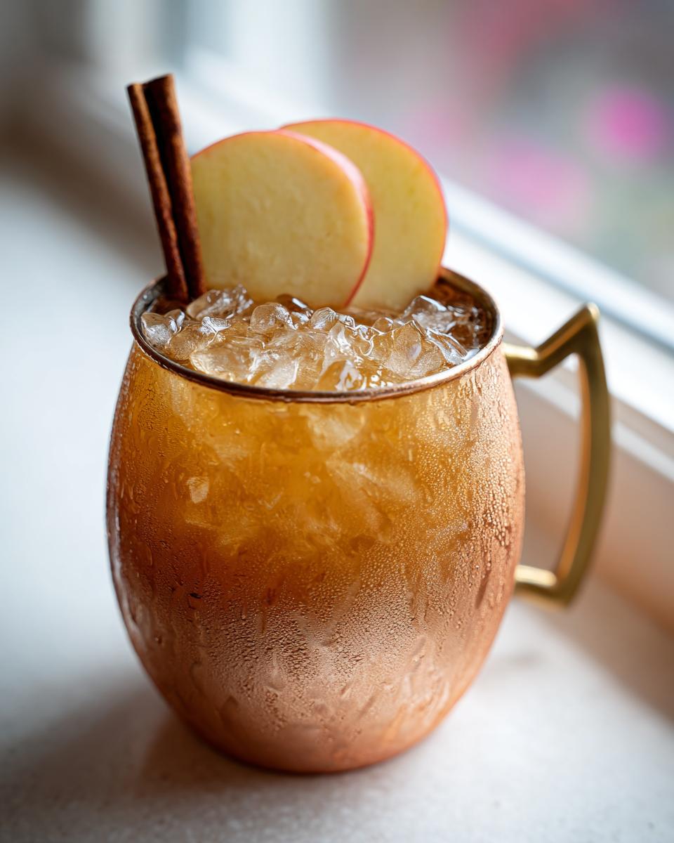Close-up of a frosty copper mug filled with an apple cider Moscow mule, garnished with apple slices and a cinnamon stick.