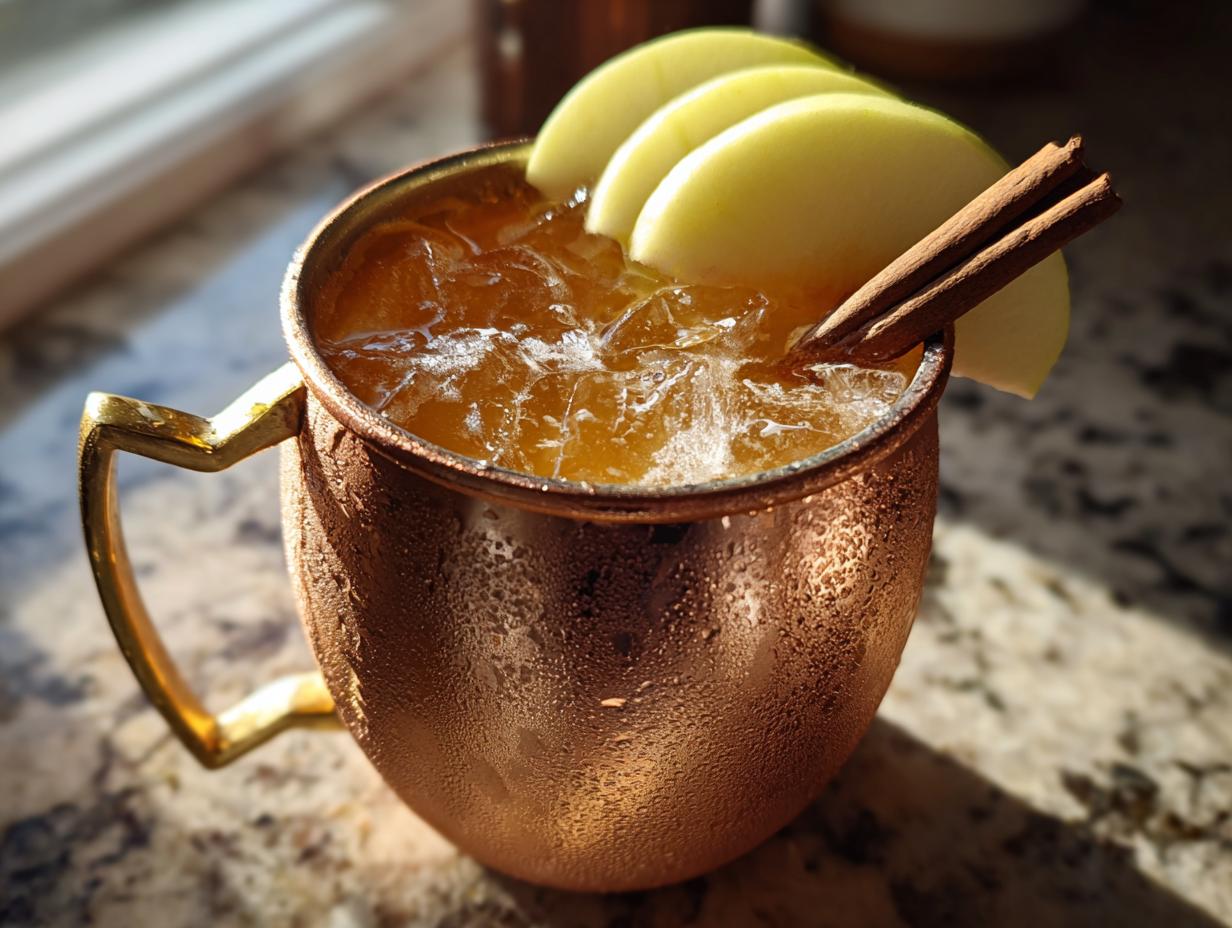 A close-up of a frosty apple cider moscow mule in a copper mug, garnished with apple slices and a cinnamon stick.