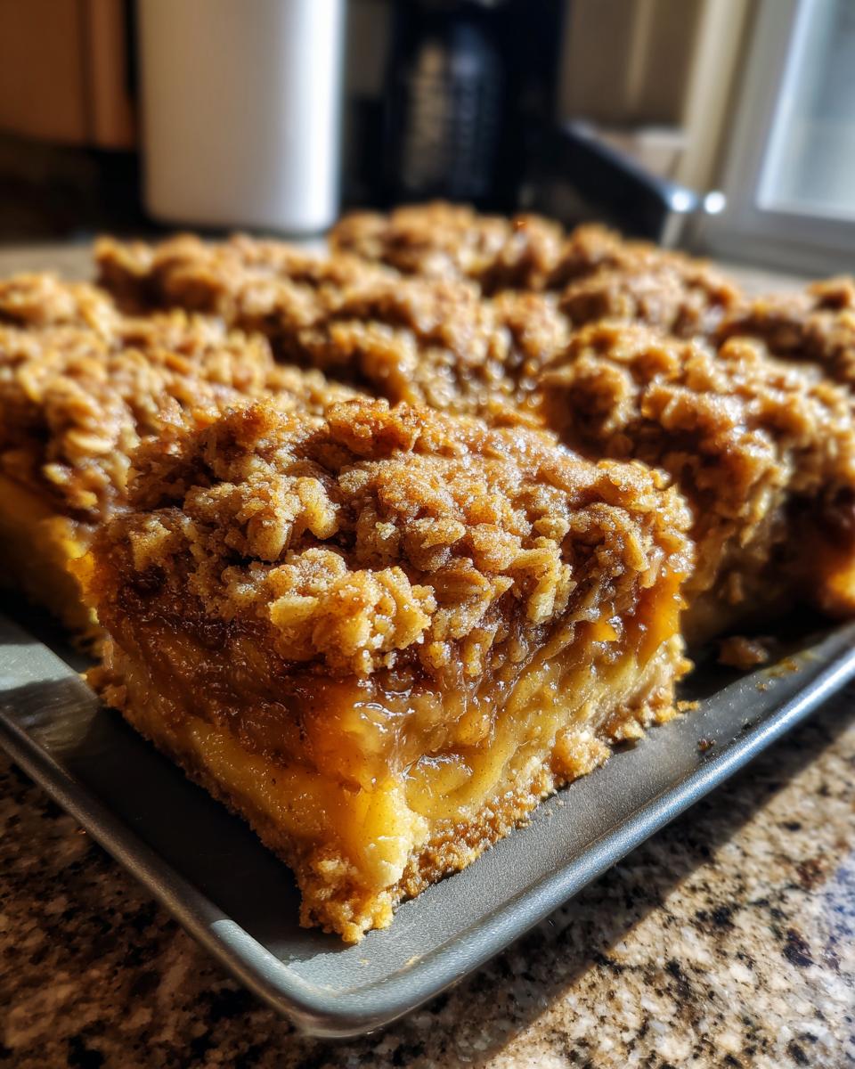 A close-up of a square serving of apple crisp bars showing a thick layer of gooey apples and a crunchy oat topping.