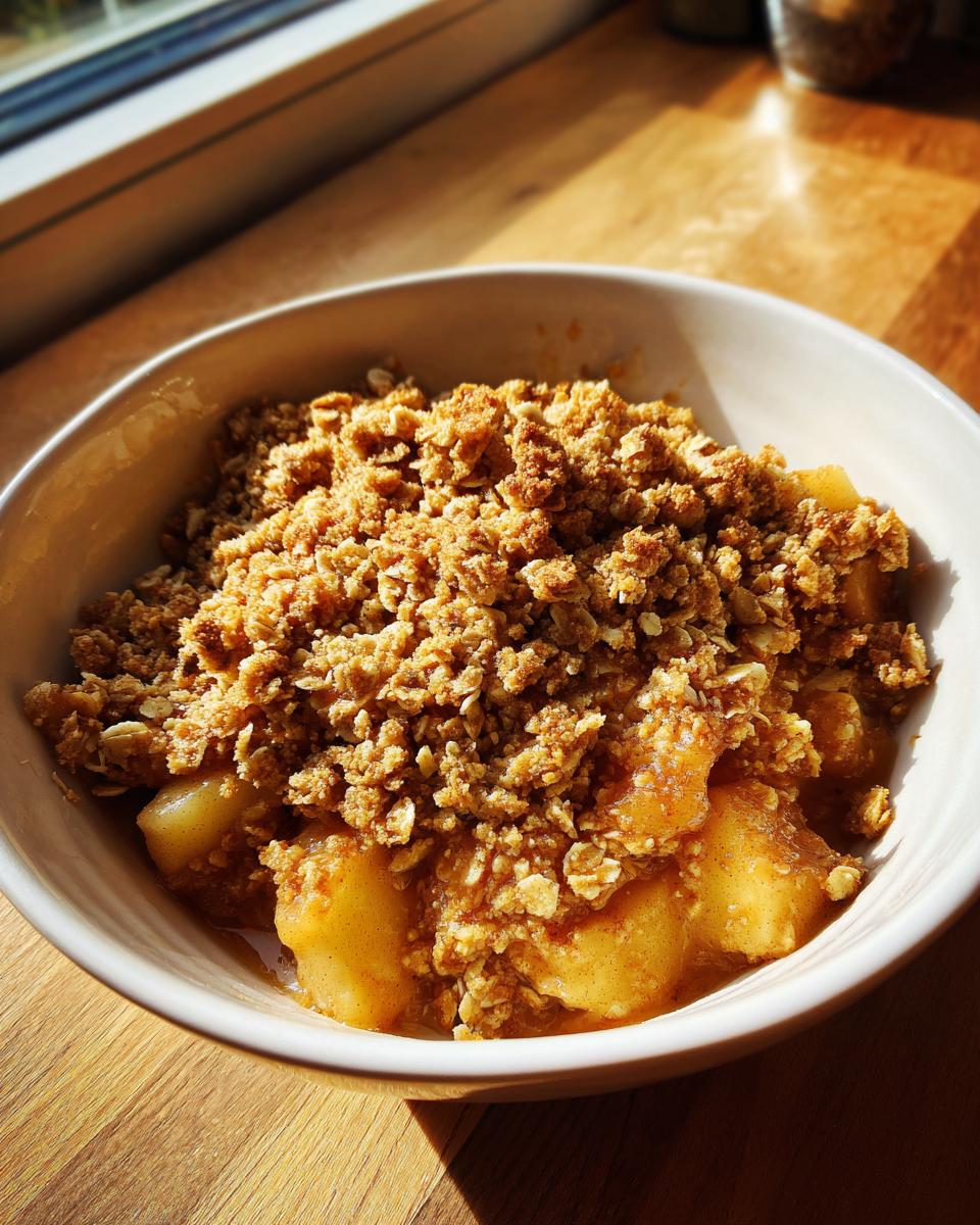 A close-up of a warm serving of apple crisp recipe in a white bowl, featuring soft baked apples and a thick, golden oat crumble topping.