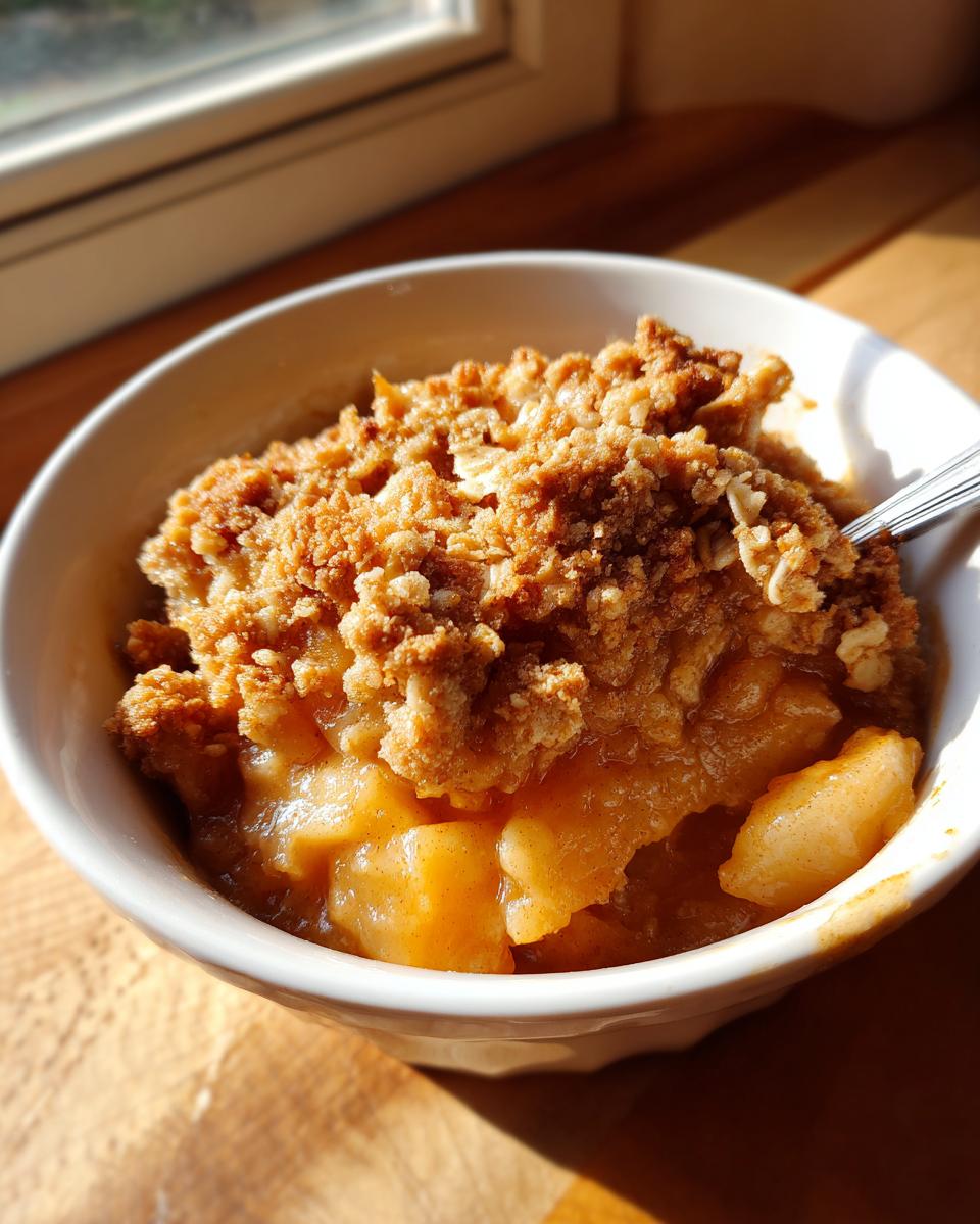 A close-up of a warm, single serving of apple crisp recipe in a white bowl, featuring soft cooked apples and a golden oat crumble topping.
