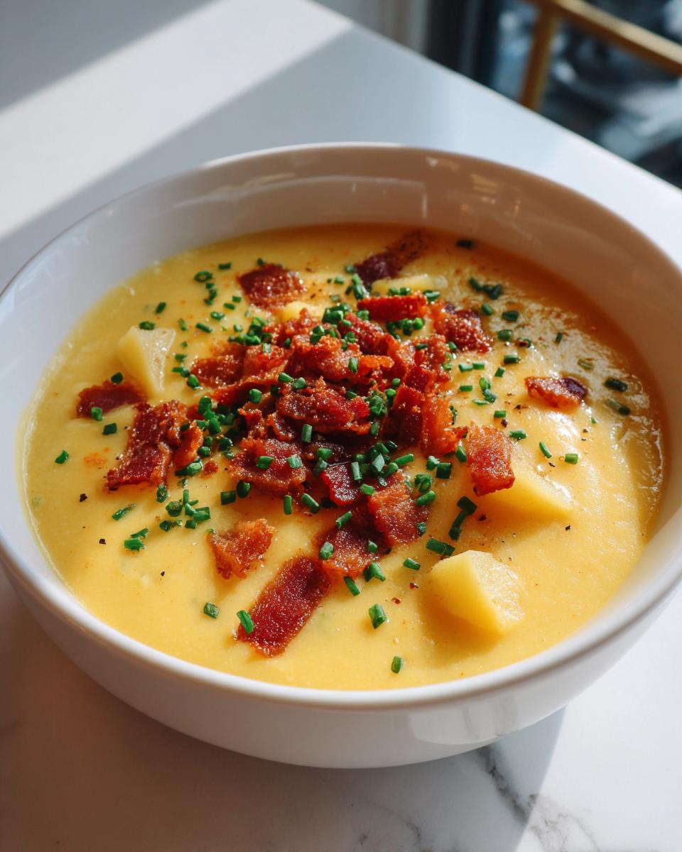 A close-up of a bowl of creamy, yellow cheese soup topped generously with crumbled bacon and fresh chives.