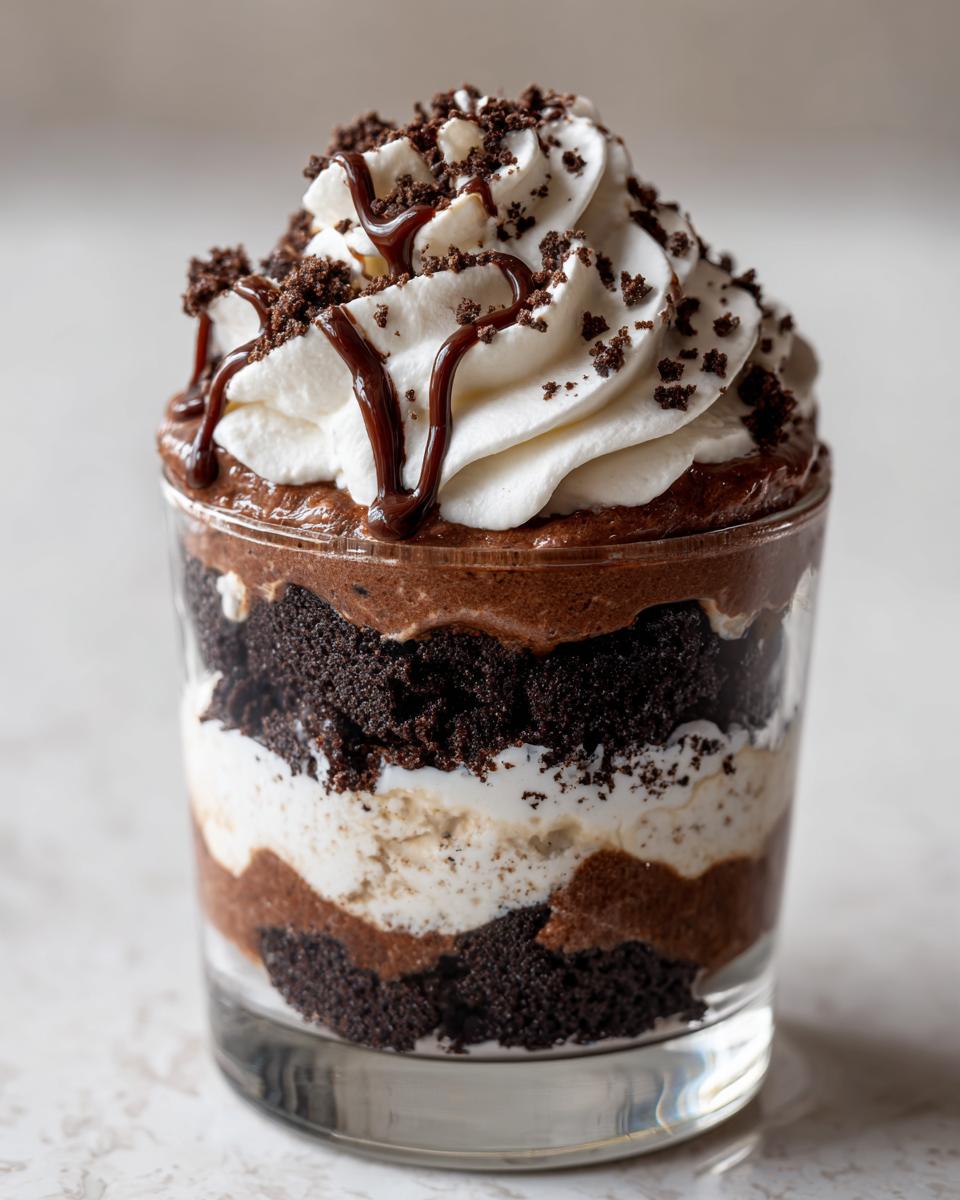 Close-up of a layered Baileys Chocolate Cheesecake Trifle in a glass, topped with whipped cream and chocolate drizzle.