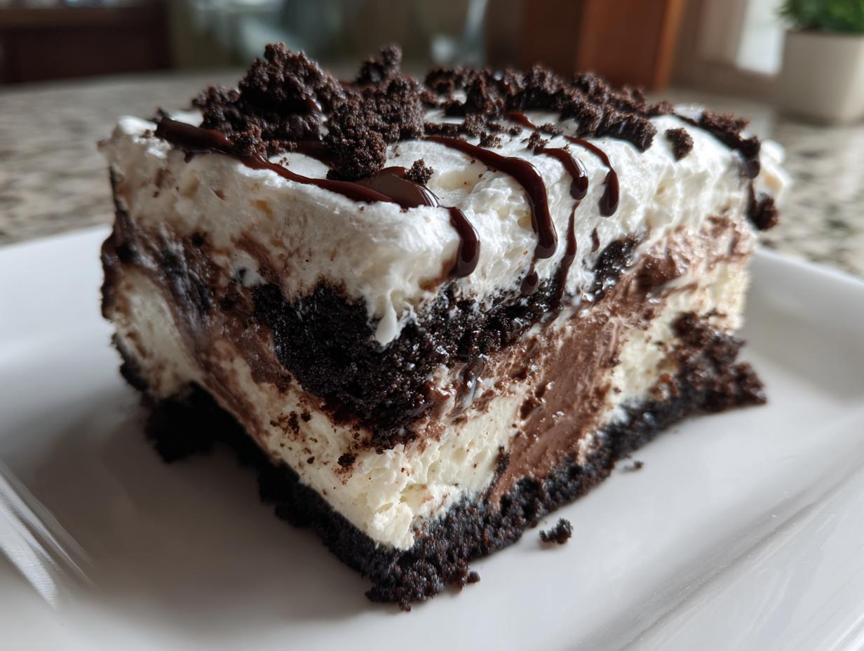 A rich slice of Baileys Chocolate Cheesecake Trifle featuring layers of dark crust, chocolate, cream, and topped with whipped cream and chocolate drizzle.