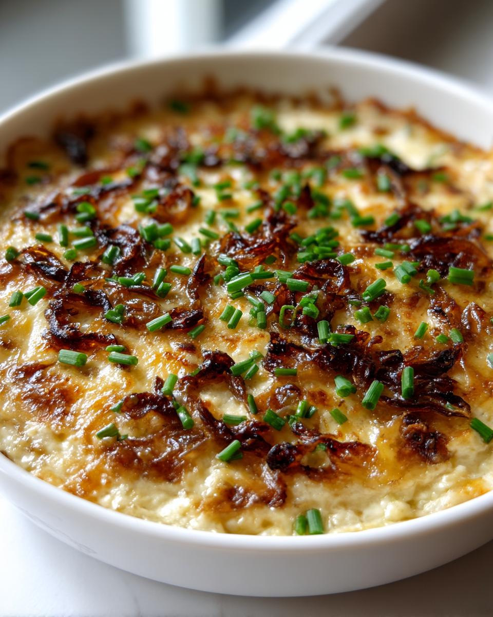 Close-up of a warm, baked caramelized onion dip topped with crispy onions and fresh green chives.