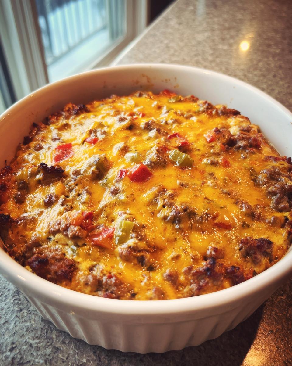 Close-up of a hot, baked sausage cream cheese dip topped with melted cheddar cheese and diced peppers in a white dish.