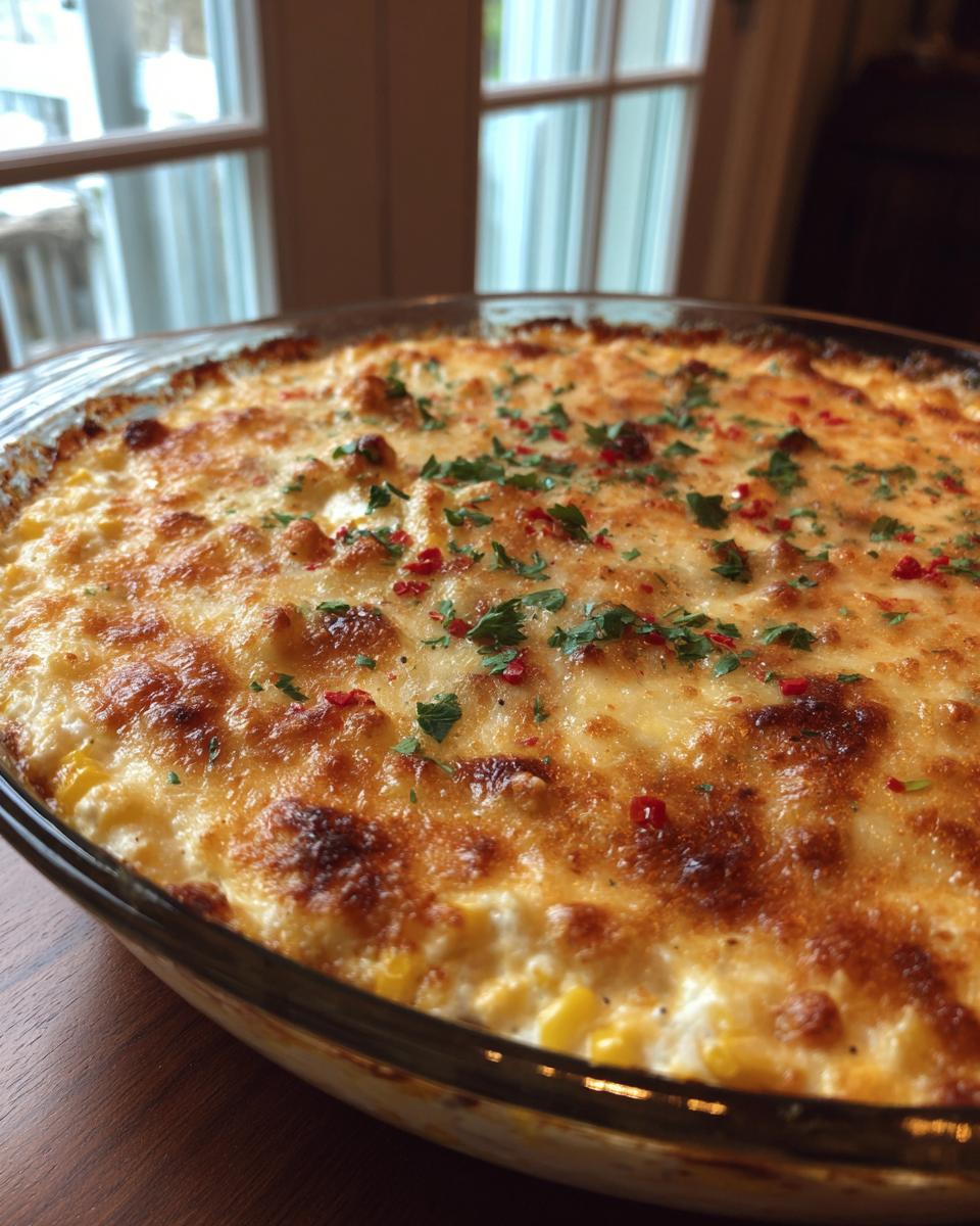 Close-up of a freshly baked street corn dip in a glass dish, featuring a golden, bubbly cheese crust and parsley garnish.