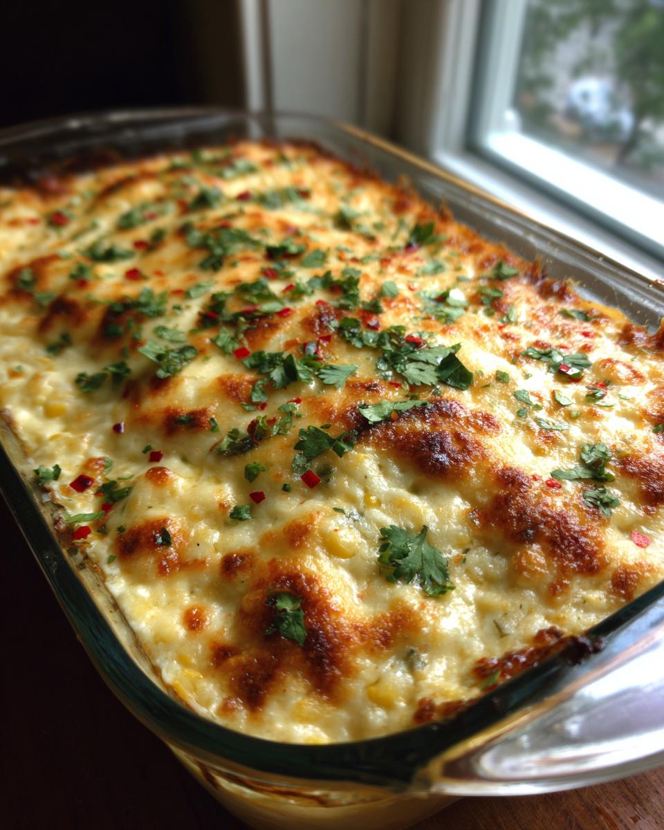 A close-up of hot, bubbly street corn dip in a glass baking dish, topped with melted cheese, cilantro, and chili flakes.