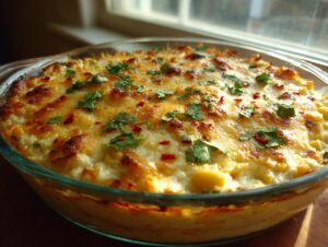 A baked street corn dip in a round glass dish, topped with melted, browned cheese, cilantro, and chili flakes.