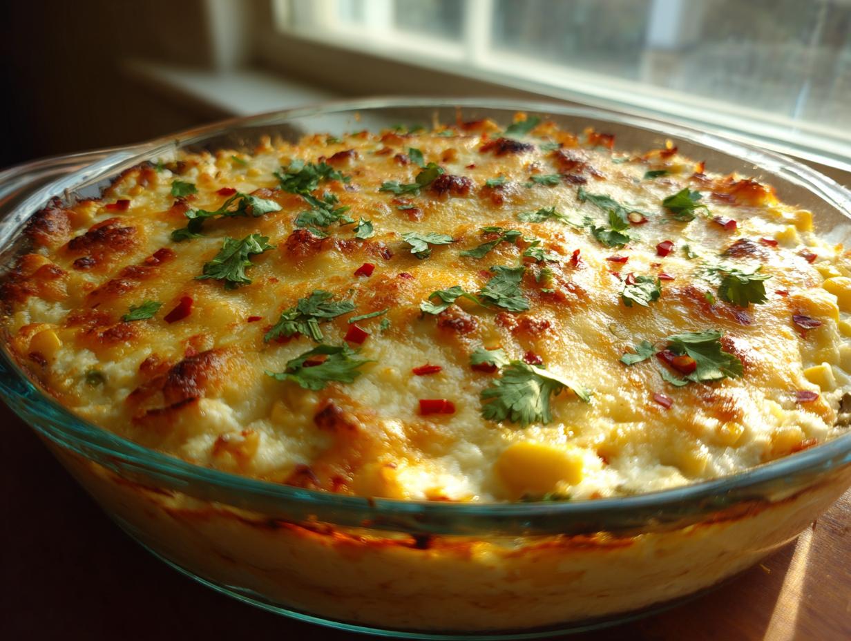 A baked street corn dip in a round glass dish, topped with melted, browned cheese, cilantro, and chili flakes.