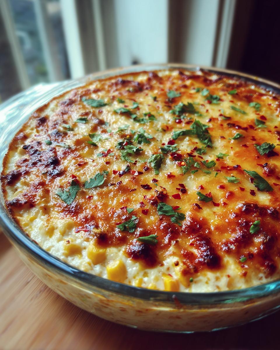 Close-up of a baked street corn dip with a bubbly, browned cheese topping garnished with cilantro and chili flakes.