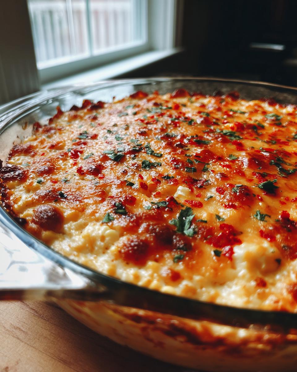 Close-up of a bubbly, baked street corn dip topped with melted cheese and chopped cilantro in a clear glass baking dish.