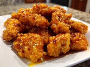 A plate piled high with crispy, bite-sized pieces of bang bang chicken coated in a shiny, orange-red sweet and spicy sauce.