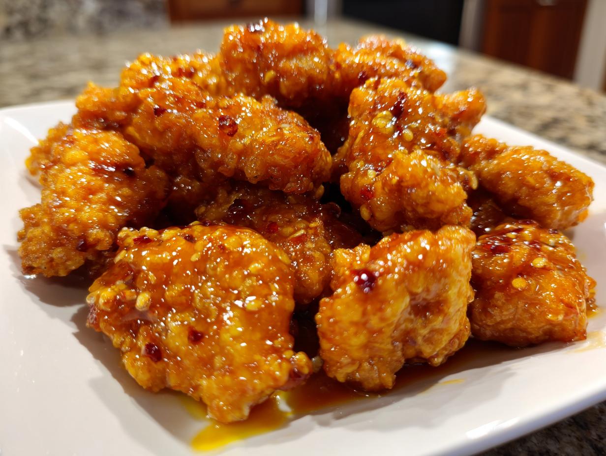 A plate piled high with crispy, bite-sized pieces of bang bang chicken coated in a shiny, orange-red sweet and spicy sauce.