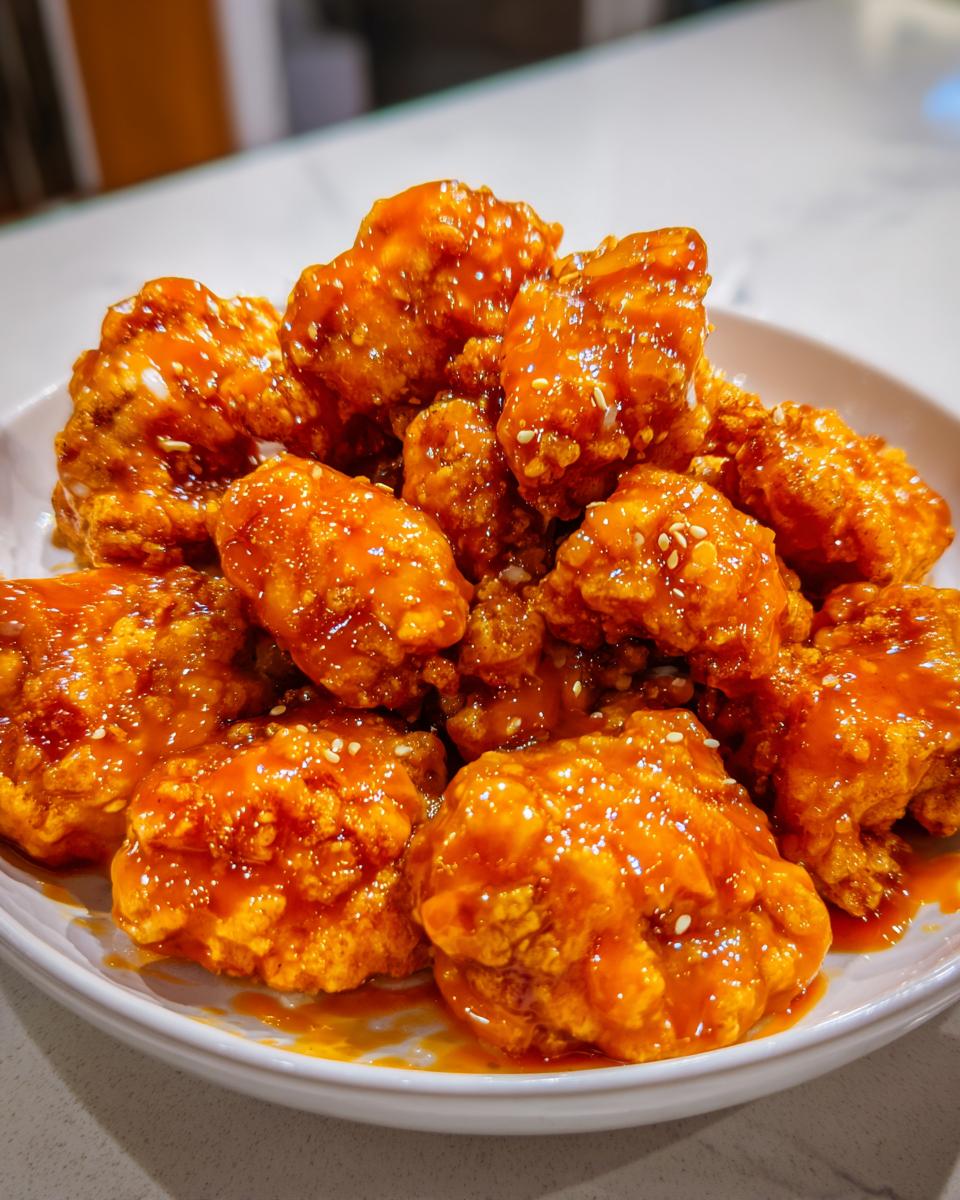 A close-up shot of crispy fried chicken pieces generously coated in a glossy, orange-red sauce, resembling bang bang chicken, sprinkled with sesame seeds.
