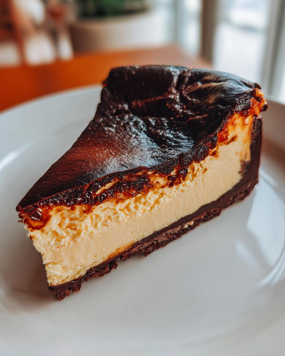 A perfect slice of Basque burnt cheesecake featuring a deeply caramelized top and creamy interior on a white plate.