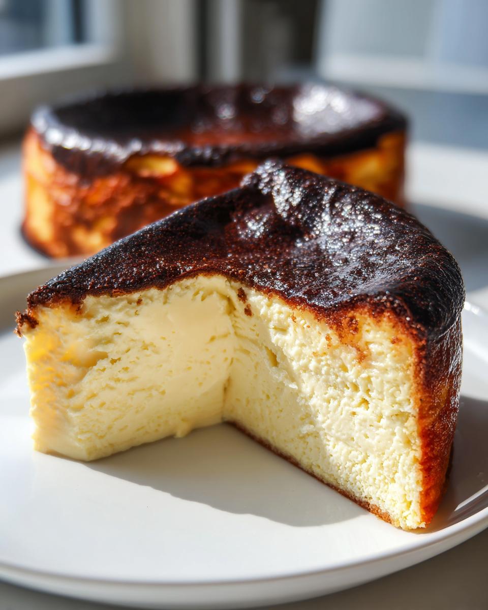 A thick slice of Basque burnt cheesecake showing its creamy interior and dark, caramelized top.