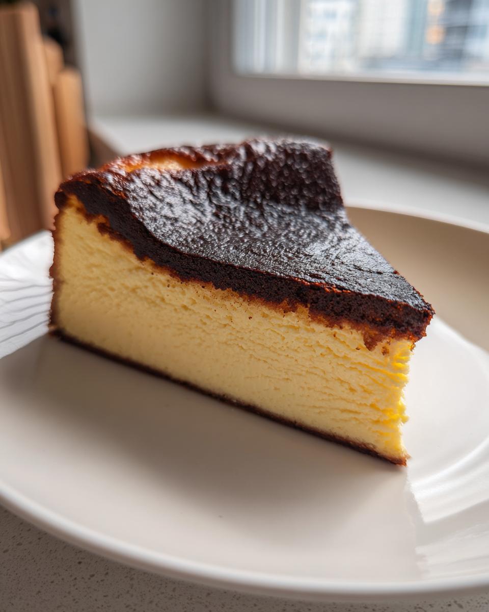 A perfect slice of Basque burnt cheesecake showing its creamy interior and dark caramelized top.