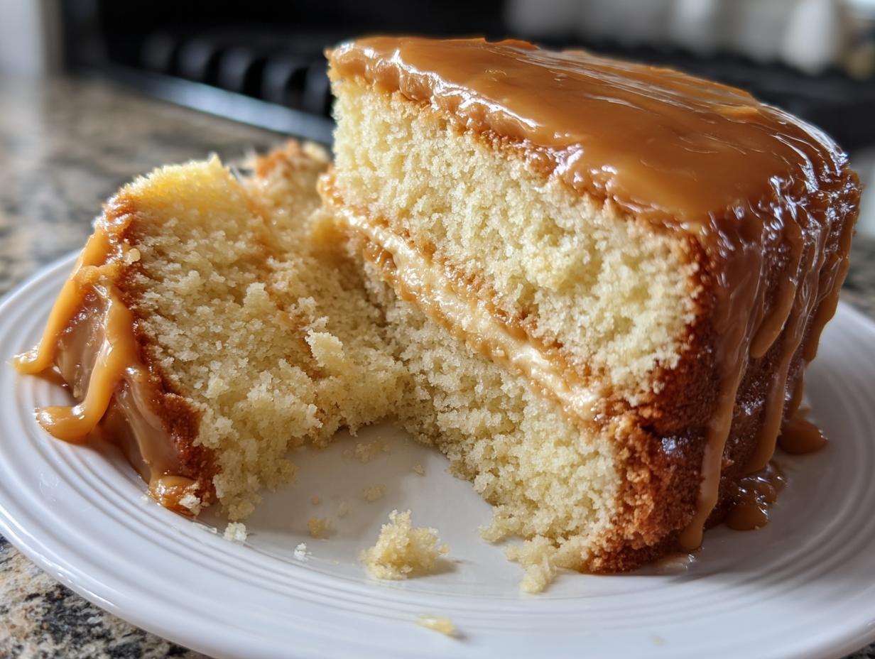 Close-up of a moist slice of Southern caramel cake with thick, dripping caramel frosting.