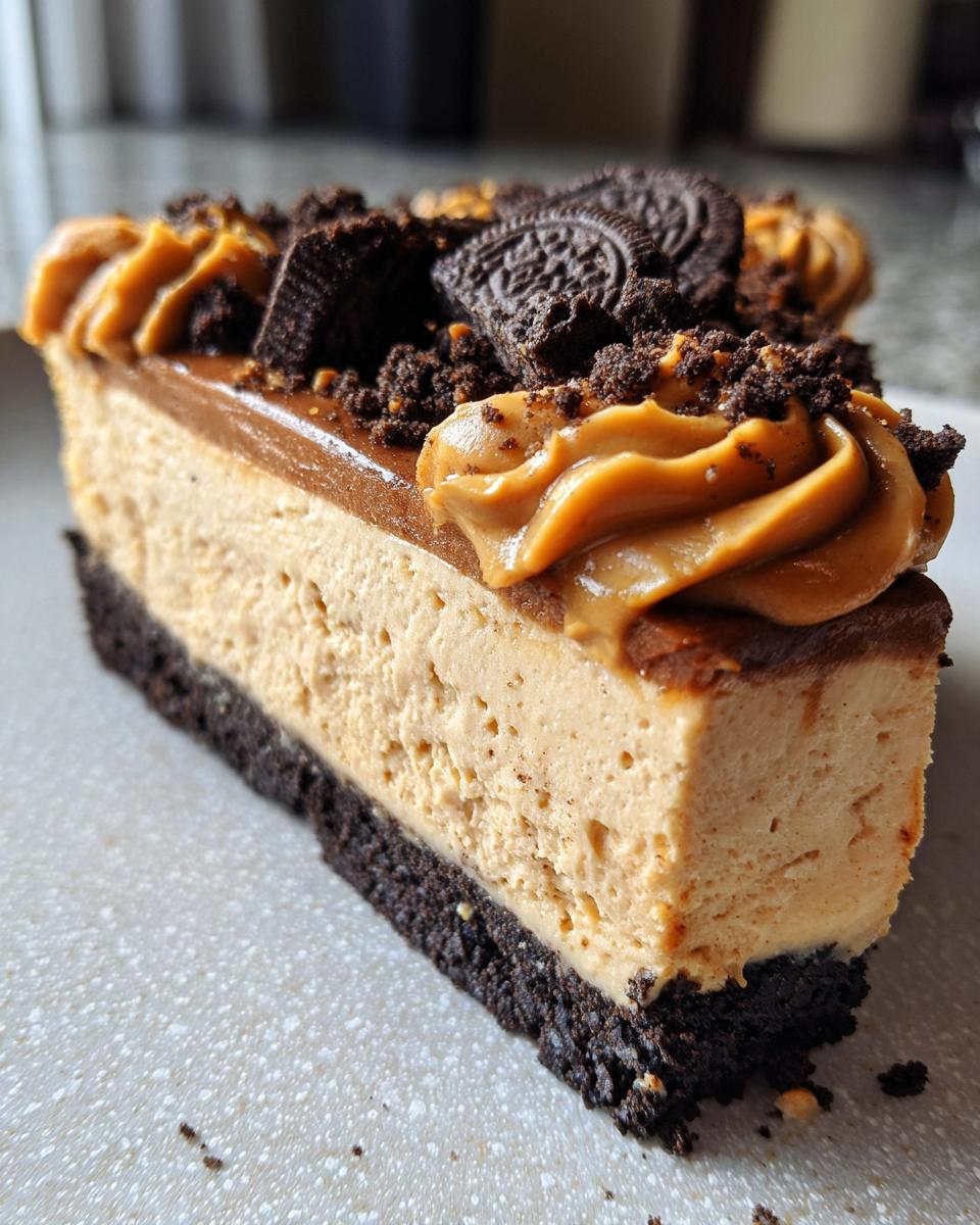 Close-up of a thick slice of biscoff cheesecake with a dark crust, topped with caramel swirl and crushed cookies.
