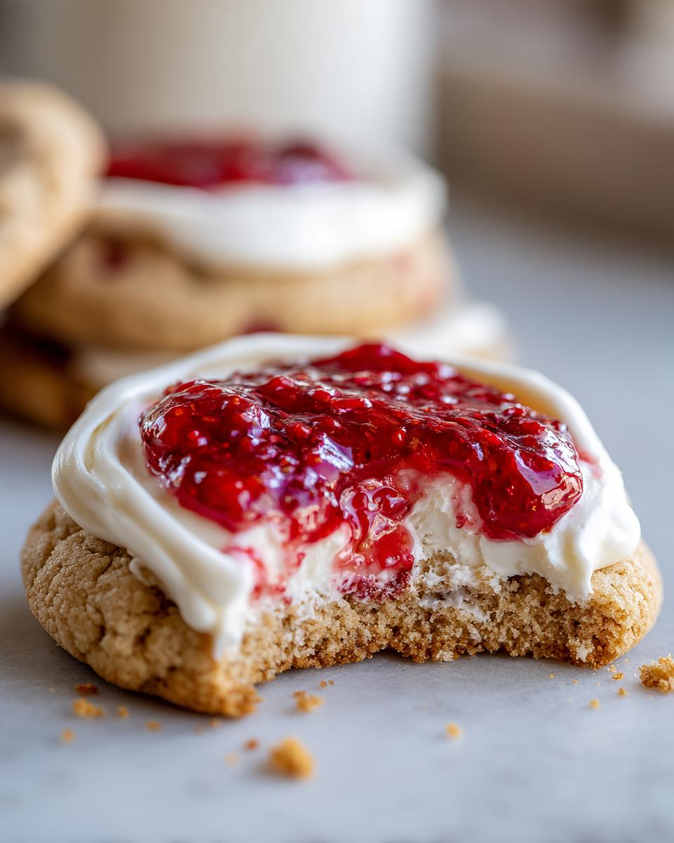 Close-up of a strawberry cheesecake cookie with a bite taken out, topped with white cream cheese frosting and bright red strawberry jam.
