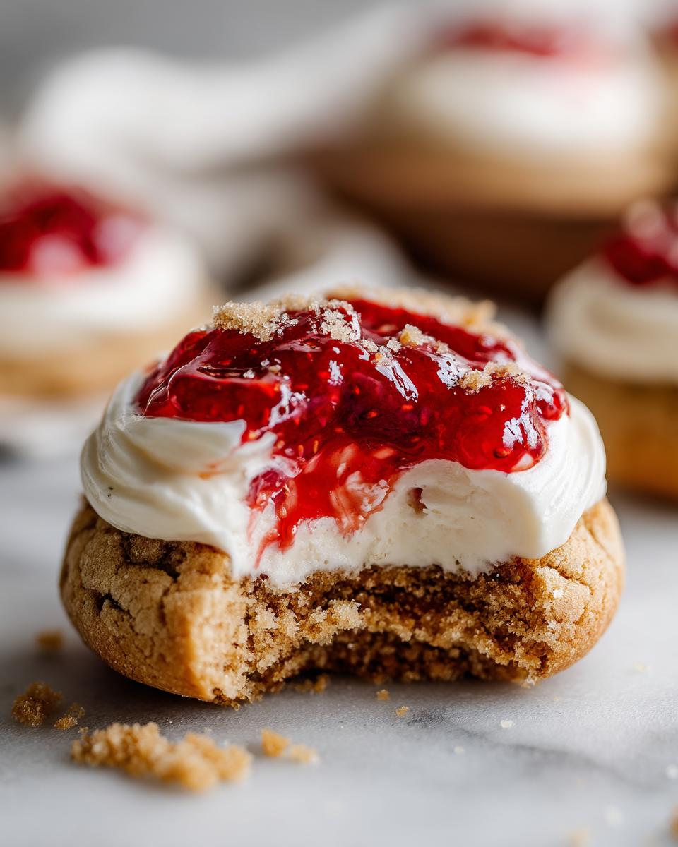 Close-up of a strawberry cheesecake cookies with a bite taken out, showing the graham cracker base, cream cheese frosting, and bright red topping.