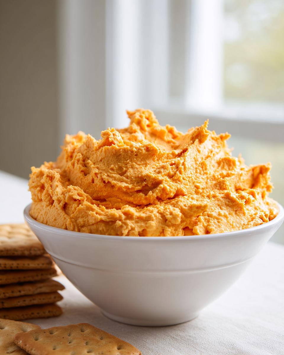 A white bowl filled with bright orange, fluffy pumpkin fluff dessert, served with crackers.