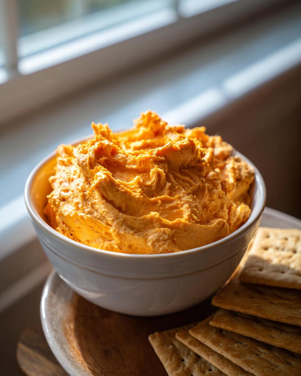 A white bowl filled with bright orange, fluffy pumpkin fluff dip, served next to square crackers.