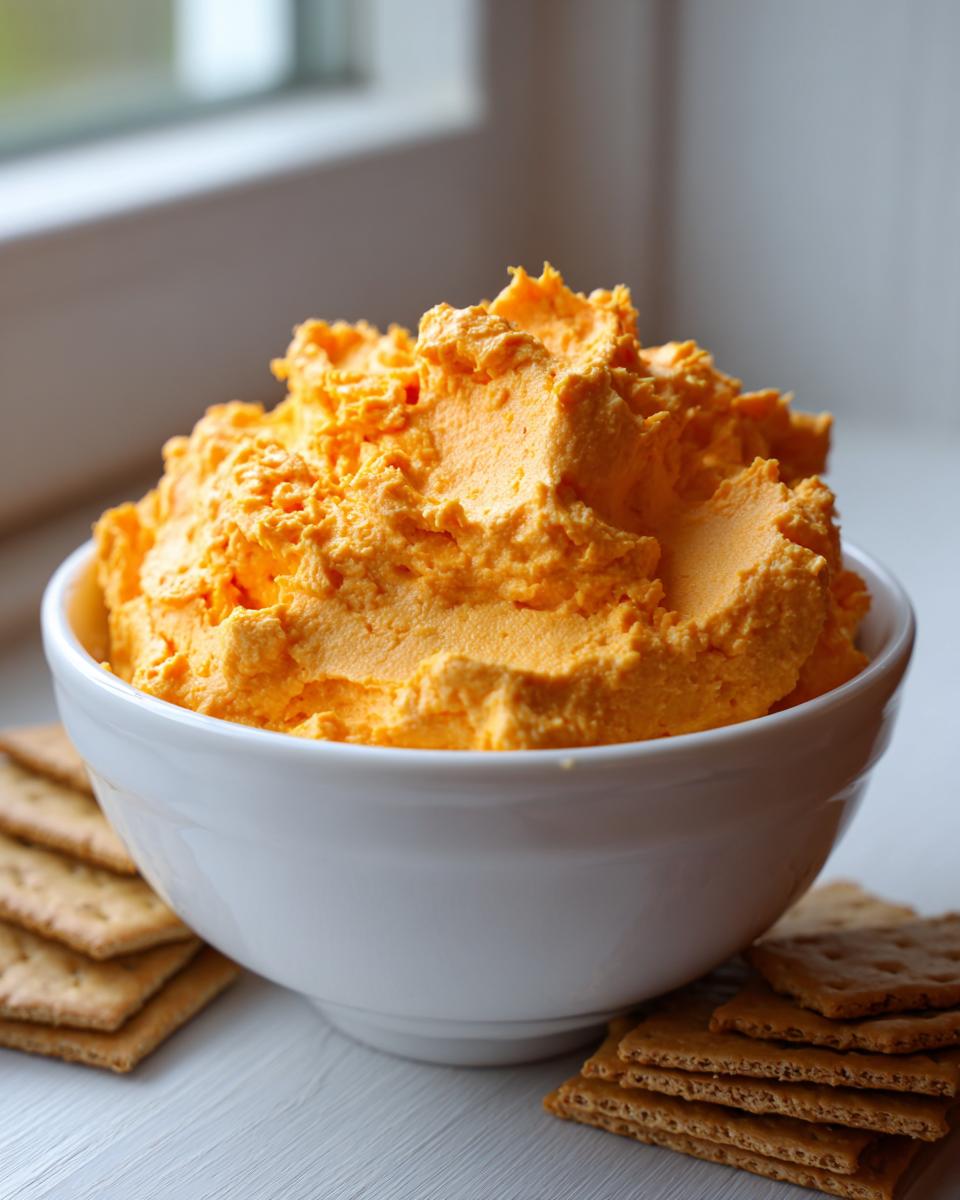 A white bowl filled with bright orange pumpkin fluff dip, served with graham crackers nearby.