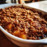 A close-up view of a freshly baked pear crisp in a white baking dish, showing the bubbling fruit filling and crunchy oat topping.