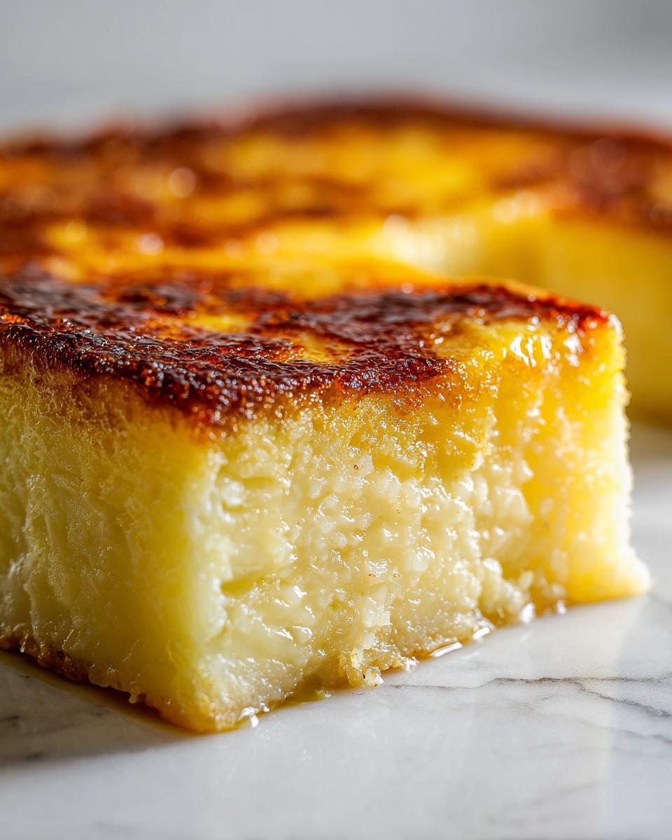 A close-up macro shot of a moist slice of cassava cake showing the texture and caramelized golden-brown top.