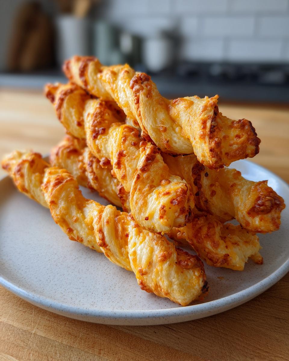 A stack of golden-brown, twisted cheese straws recipe items piled on a speckled white plate.