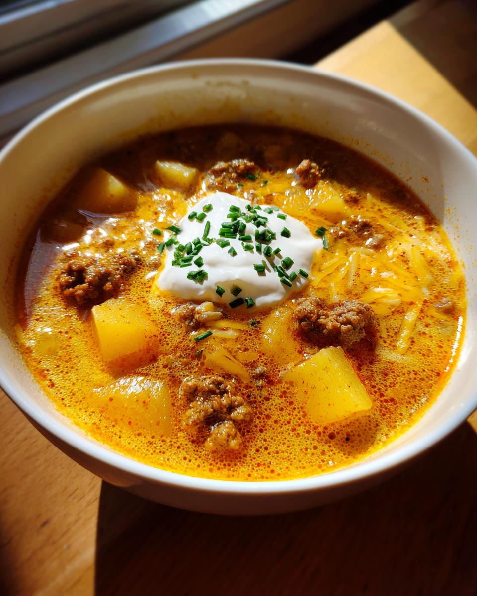 A close-up of a hearty bowl of cheeseburger soup, featuring ground beef, potatoes, and topped with sour cream and chives.