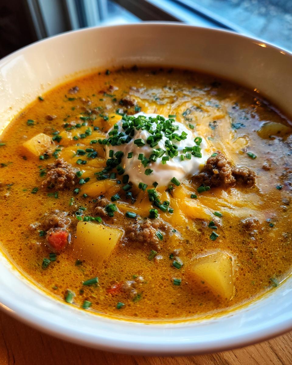 A close-up of a hearty bowl of cheeseburger soup with ground beef, potatoes, melted cheese, and a dollop of sour cream topped with fresh chives.