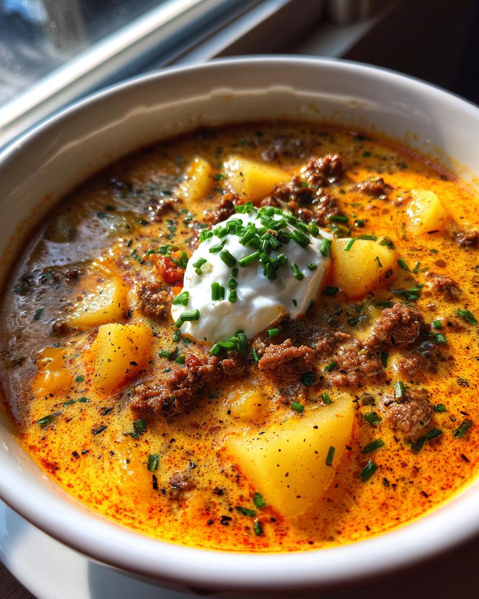 A close-up of a bowl of rich, orange-hued cheeseburger soup, featuring chunks of potato, ground beef, and topped with sour cream and chives.