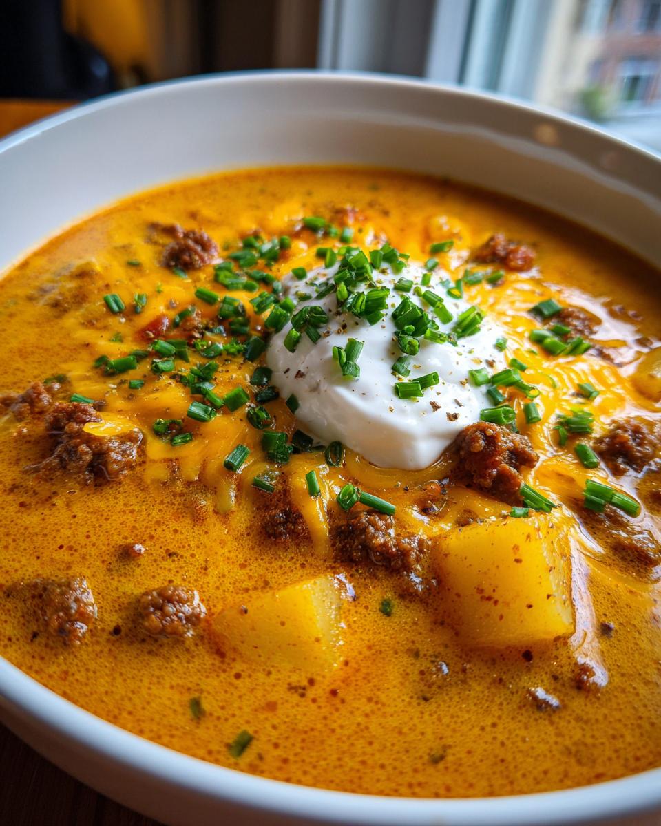 Close-up of a bowl of rich, orange cheeseburger soup topped with ground beef, melted cheese, sour cream, and chives.