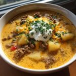 A close-up of a bowl of rich, creamy cheeseburger soup filled with ground beef, potatoes, melted cheddar, and topped with sour cream and fresh chives.