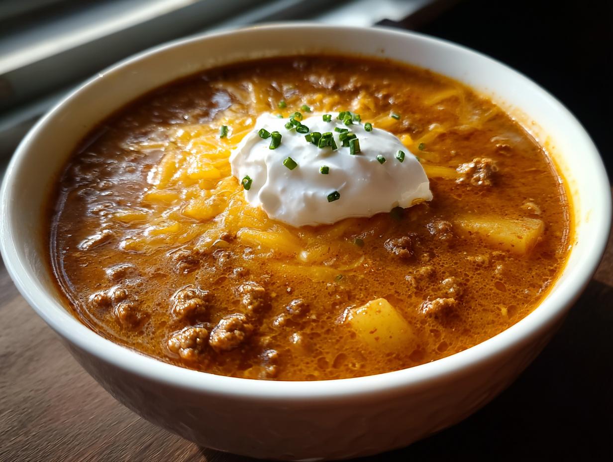 Close-up of a rich, orange-brown bowl of cheeseburger soup topped with melted cheddar, sour cream, and chives.