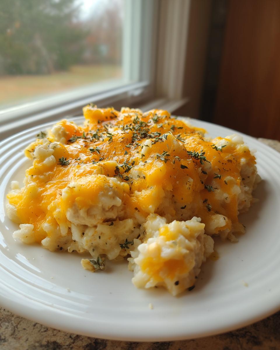 A scoop of creamy chicken and rice casserole topped with melted cheddar cheese and fresh thyme.