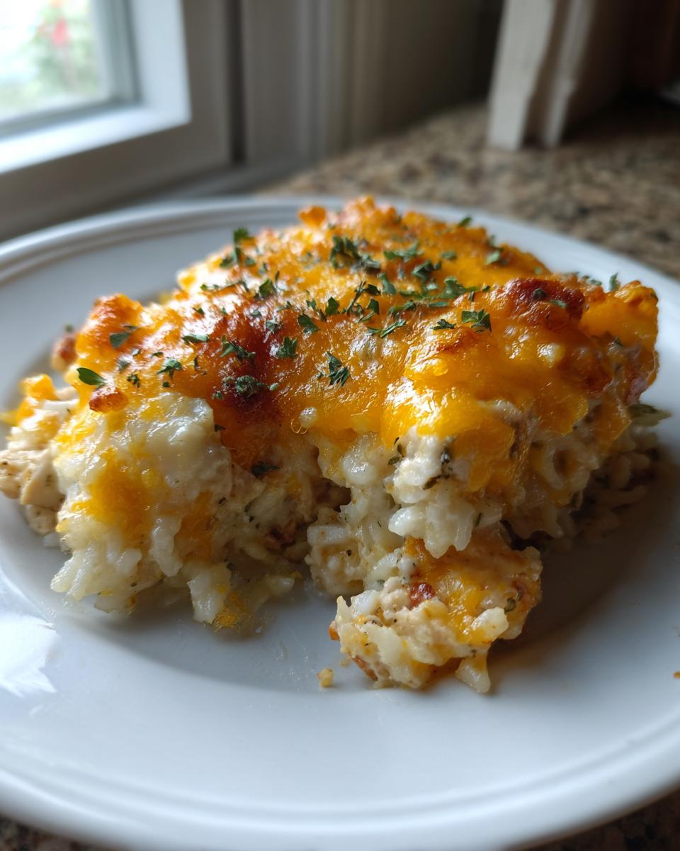 A close-up of a serving of cheesy chicken and rice casserole topped with melted cheddar and parsley.