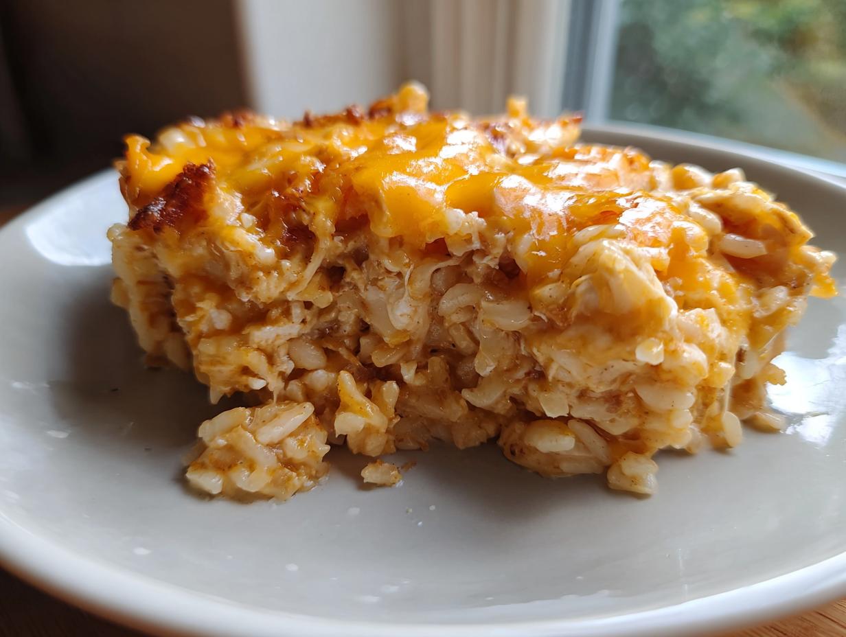A close-up serving of cheesy, baked chicken and rice casserole on a light plate.