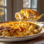 A spoonful of cheesy, creamy chicken and rice casserole being lifted from the baking dish, showing melted cheese pull.