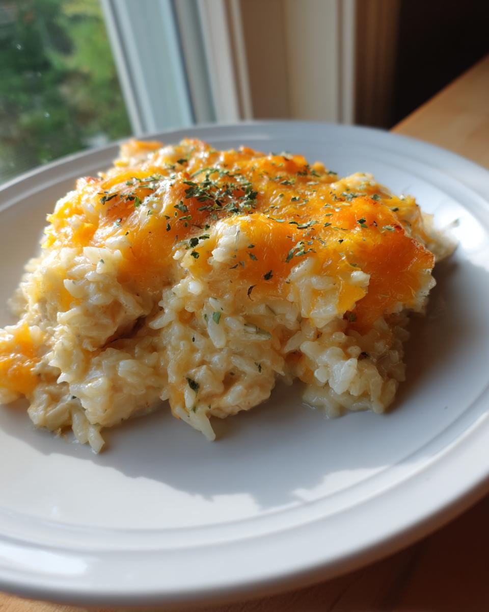 A scoop of creamy chicken and rice casserole topped with melted cheddar cheese and sprinkled with parsley.